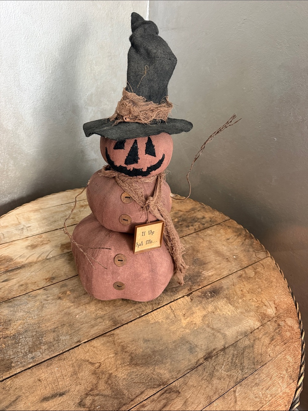 Vintage Primitive Honey & Me Fabric Pumpkin Snowman with Black Witch Hat